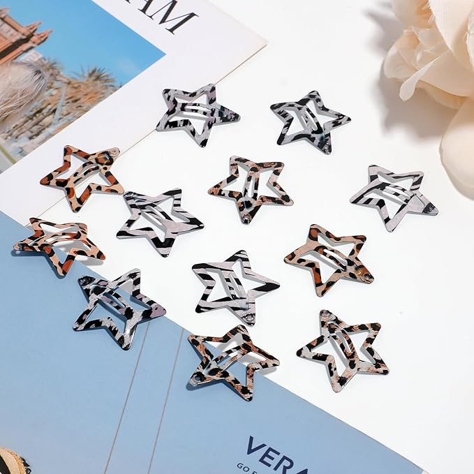 Star Hair Clips Snap Hair Barrettes Non Slip Star Hair Accessories Leopard Colors Metal Hair Clips for Girls Women -16 PCS - Grey