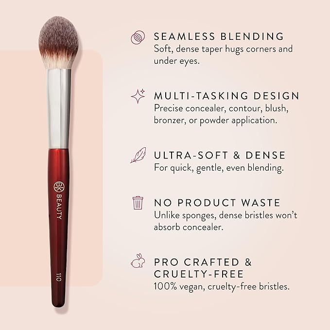 BK BEAUTY 110 LARGE CONCEALER BRUSH – Dense Tapered Under-Eye Concealer Brush for Quick Blending, Full Coverage Finish, No Product Absorption