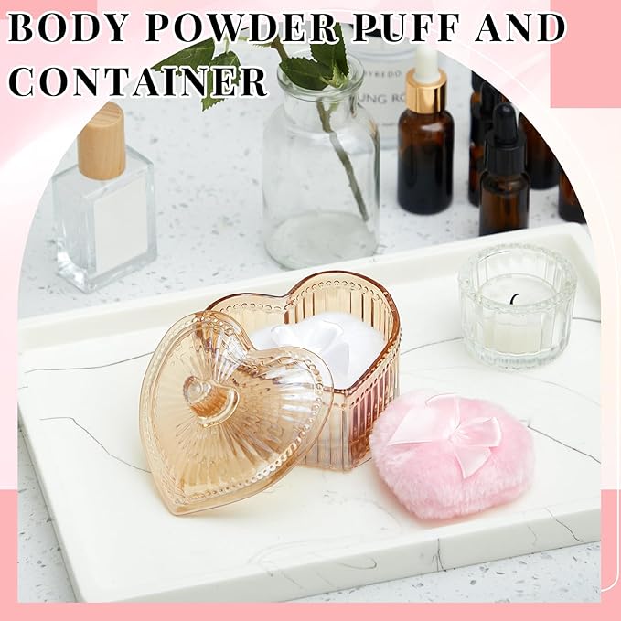 Tioncy 3 Pcs Large Body Powder Puff and Container Powder Container with Puff Crystal Case Soft Washable Reusable Velour Face Body Glitter Wet Dry Makeup(Heart,Amber)