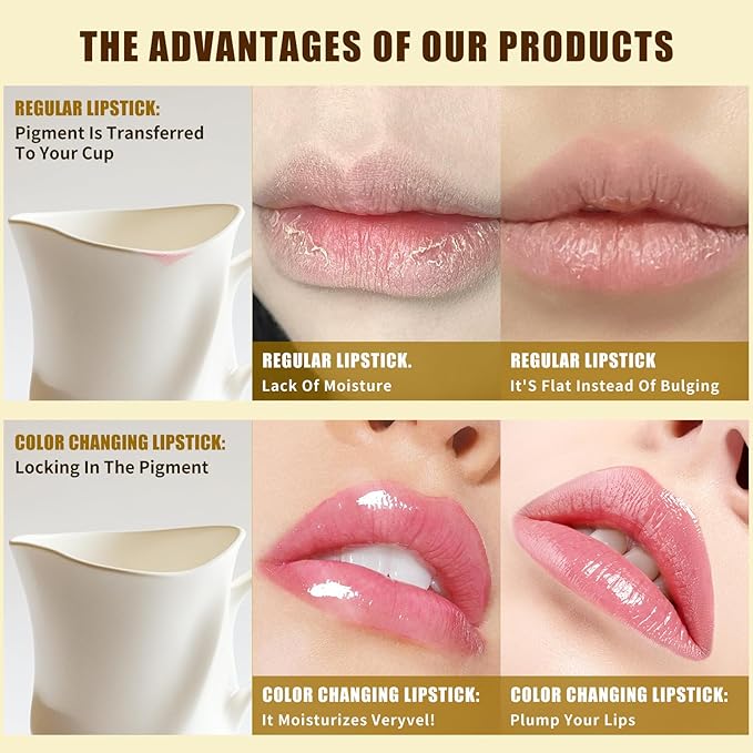 Transferproof Color Changing Lipstick, Color Changing Lipstick for Women, Gold Crystal Ph LipstickColorChanging, Magic Temperature ChangingColorLipstick, Long Lasting 24 Hours Moisturizing