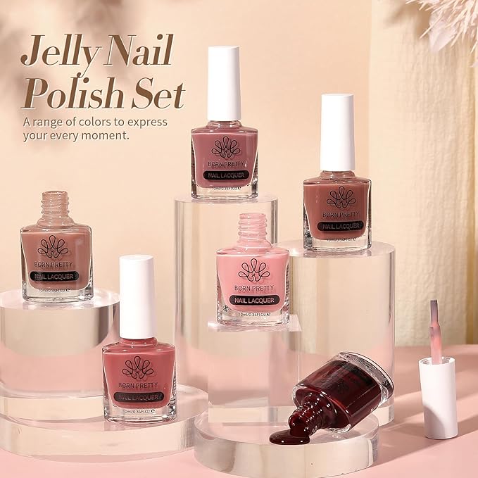 Born Pretty Jelly Nail Polish Set, 6 Colors Burgundy Red Brown Nude Pink Natural Colors Quick Dry Nail Polish Sheer Transparent Fall Winter Fingernail Polish for DIY Nail Art Salon Home Gifts