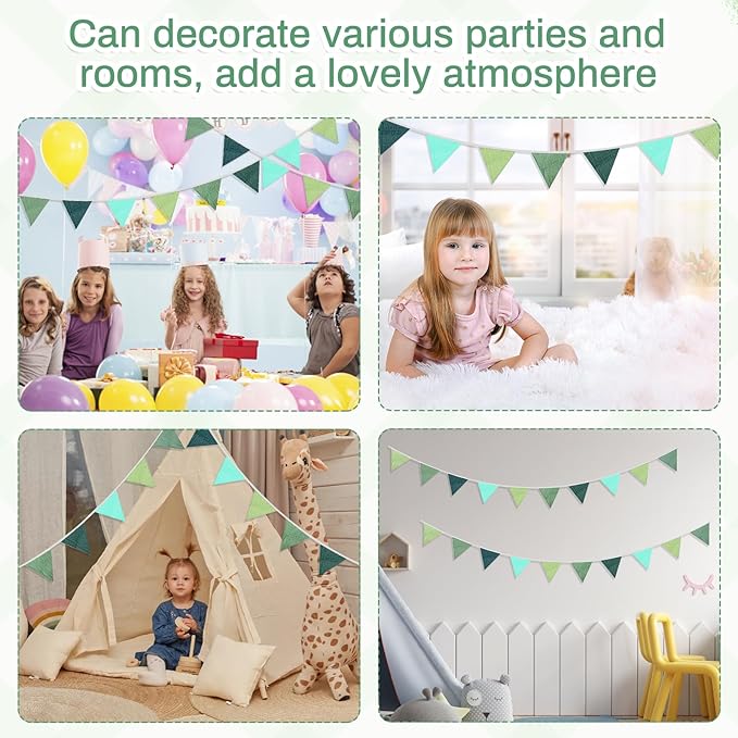 2PCS Pennant Banner Flags, Fabric Bunting Banner Nursery Garland Decor, Baby Shower Garland, Triangle Flags for Baby Boy Room, Playroom, Boho Birthday Party Decor, Each 7.75 ft (Blue Green)