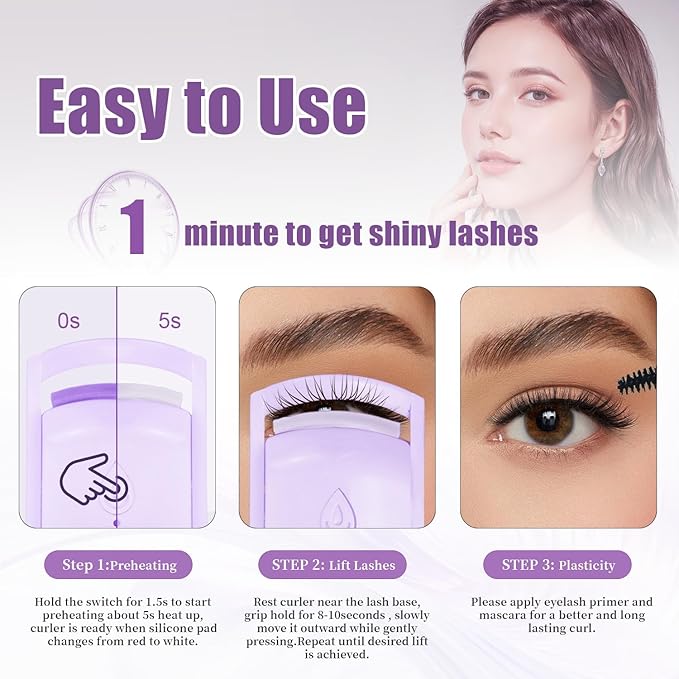 C-Shaped Heated Eyelash Curler Fast Heat Up in 5s - Rechargeable Electric Eyelash Curler for 24H Long Lasting Curls - Safe Anti-Burn Lash Curler Elevate Your Beauty with Stunning Lashes (Purple, L)