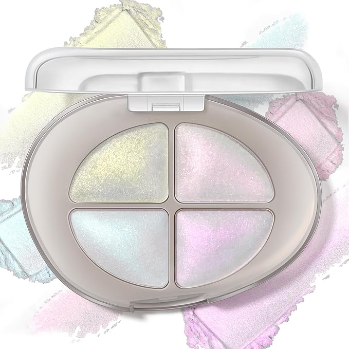 4 Colors Holographic Multichrome Glitter Eyeshadow Palette, Chameleon White Color Shift Glitter Iridescent Baked Eyeshadow Powder, Sparkling Smooth Shimmer Face Highlighter Fairy Makeup 01