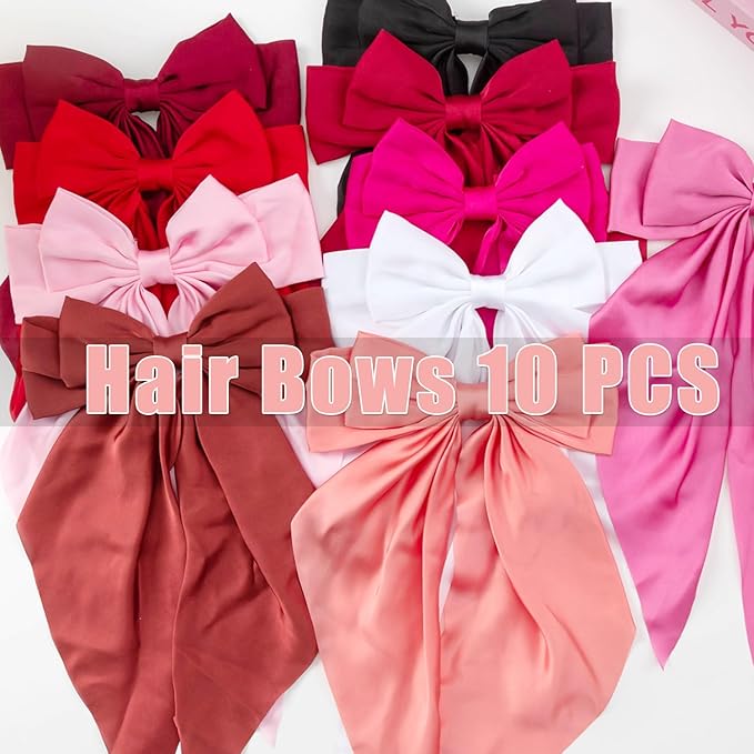 10 PCS Hair Bows,Big Bows for Girls and Womens,Hair Bows for Womens,Hair Ribbons,Large Hair Bow for Women,Big Hair Bow,Bows for Women,Oversized Long-tail Cute Aesthetic Hair Accessories(Red Series)