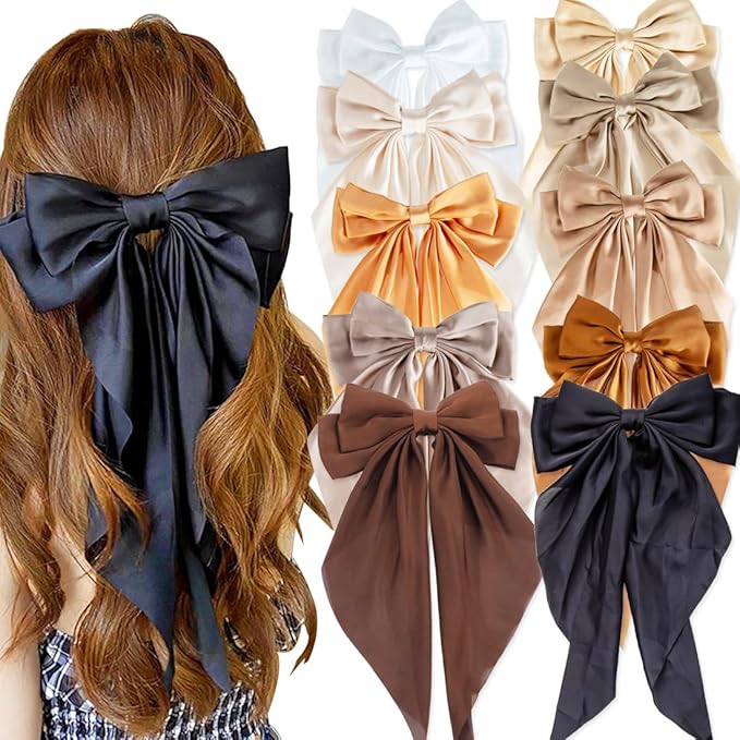 10 PCS Large Hair Bows Ribbon Bow for Women,Hair Bows for Womens,Oversized Long-tail Cute Aesthetic Hair Accessories,Large Hair Barrettes for Women,Big Bows for Girls(Warm brown