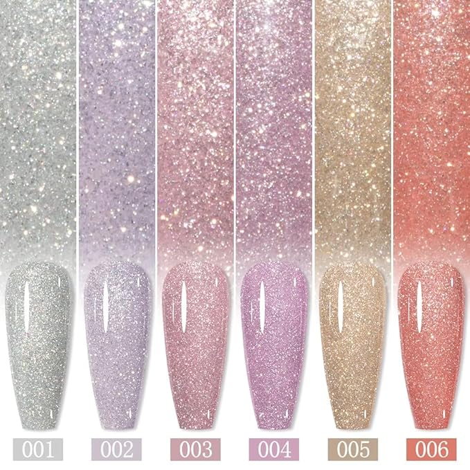 MIZHSE Glitter Gel Nail Polish, 2 In 1 Reflective & Rubber Base Gel Polish 10ml, Sparkly Shimmery Effect Nude Pink Silve Purple Colors Soak Off Nail Art Manicure Home Salon Gift for Women