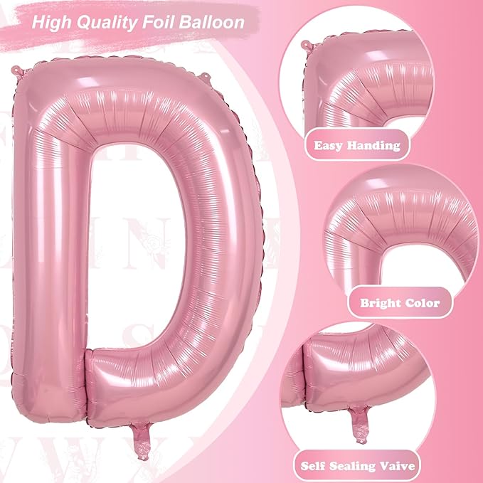 Pastel Pink D Letter Balloon, 40 Inch Giant Light Pink Mylar Foil Letter D for Girls, Self Inflating D Birthday Balloon for Girl Baby Shower Women Anniversary Princess Party Decorations Supplies