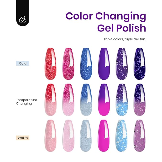 Beetles Color Changing Gel Nail Polish Kit, 6 Colors Pink Red Glitter Blue Purple Mood Temperature Change Nail Polish Gel Set Soak Off Nail Art Gel DIY Salon Manicure Gift