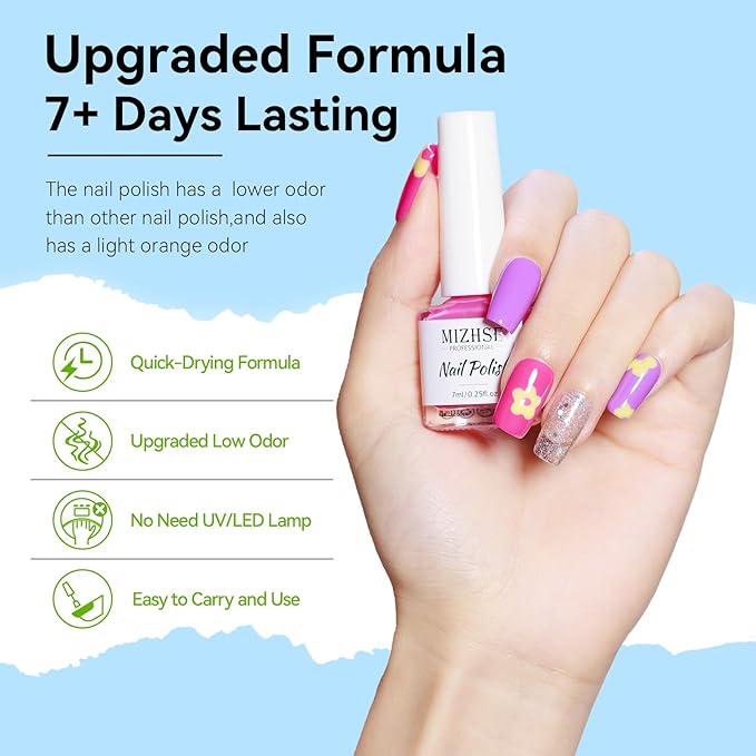 MIZHSE Nail Polish Set, Bright Colors Quick Dry Nail Polish for Women Girls, Fall Nail Lacquer Yellow Green Purple Rose Pink Air Dry Fingernail Polish for DIY Nail Art Salon, Ideal Non-Gel Gift Set