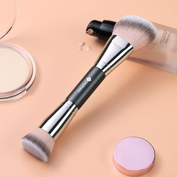 TEOYALL Dual-Ended Foundation Contour Brush, Flat Top and Angled Synthetic Bristles for Bronzer Liquid Cream Powder
