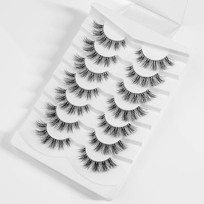 3D Clear Band Lashes 14mm Natural Soft Faux Mink Lashes C/D Curl Cat Eye Wispy Fake Eyelashes Short Cross Reusable False EyeLashes 7 Pairs (No.199)