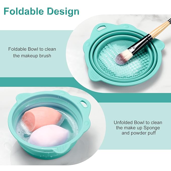 Makeup Brush Cleaner, Etercycle Foldable Silicone Brush Cleaner Bowl Srubber, Portable Washing Tools for Makeup Brush,Powder Puff,Sponge (Green)
