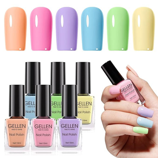 Gellen Pastel Regular Nail Polish Non Gel, Fast Air Drying Spring Summer Nail Polish No UV Light Needed Macaron 6 Colors Nude Pink Purple Blue Green Yellow Set for Women Manicure Home Salon, Hema Free