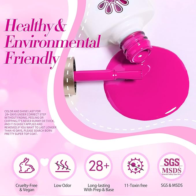 Born Pretty Neon Hot Pink Gel Nail Polish,Halloween Pink Ghost,Natural Soft Light to Dark Glitter Sparkle Gel Polish Soak Off U v LED Nail Art Manicue Kit DIY at Home or Manicure Salon 6PCS