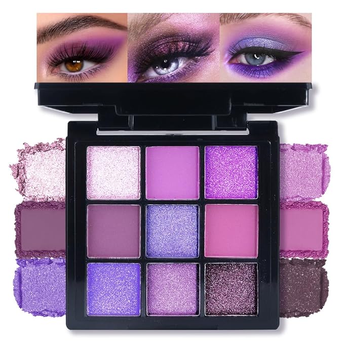 AMY'S DIARY Matte Shimmer Light Deep Purple Eye Shadow Palette Makeup,Eyeshadow Long Lasting Waterproof Cruelty-Free, 9 Blendable Shades in Smooth Finishes with Gorgeous Pearls for Girls (purple)