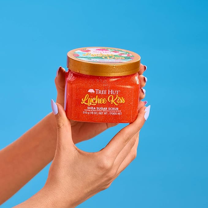 Tree Hut Lychee Kiss Shea Sugar Scrub, Exfoliating, Hydrating & Moisturizing Body Scrub with Shea Butter & Nourishing Essential Oils, Smooth & Soften Skin, 18 oz