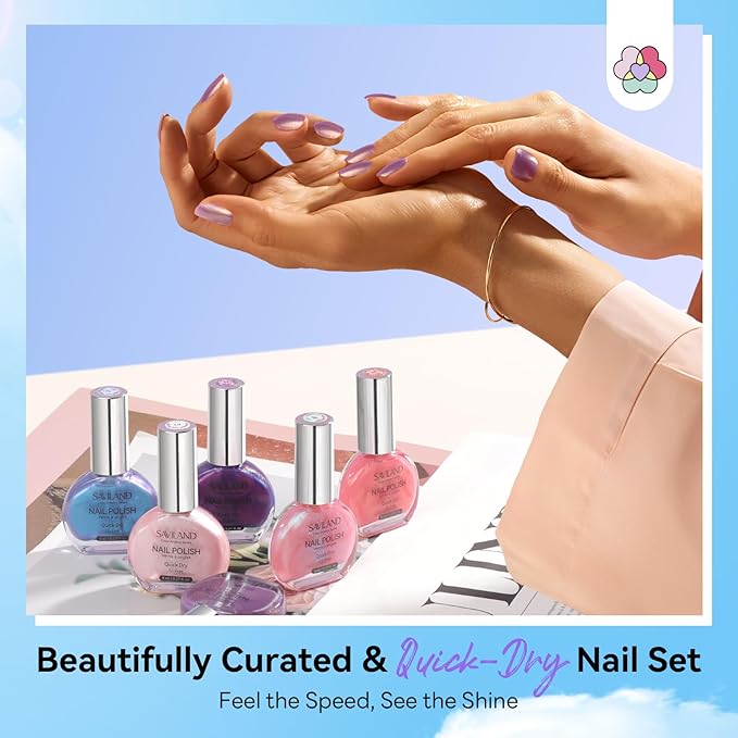 SAVILAND Color Artistry Pearl Nail Polish Set: Quick Dry 12-Free Aurora Nail Polish 6 Shimmer Colors Fingernail Polish Set Color-Locked Summer Vegan Nail Toes Lacquer DIY Nail Art Home Use Women