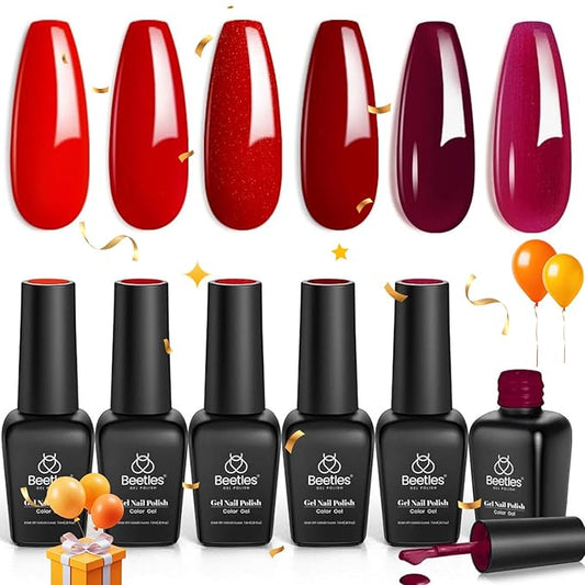 Beetles Red Gel Polish Set - 6 Colors Burgundy Red Gel Nail Polish Popular Shimmer Red-Obsession Collection Nails Art Design Soak Off Uv LED Nail Kit Minicure DIY Home Gifts for Women