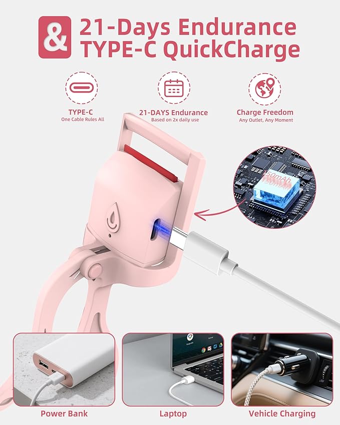 2PCS Heated Eyelash Curler, 5S Fast Heating Electric Eyelash Curler, Safe Anti-Scald Eyelash Curlers with Silicone Pad, Type-C Quick Charge, Intelligent Temp Control, 24H Long-Lasting Curls