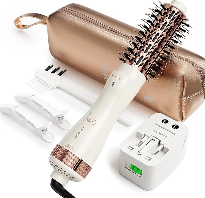 1.5 Inch Barrel (2.8โโ Plus Bristles) Dual Voltage(110~250V) Round Brush Blow Dryer, Hair Dryer Brush with European Plug Adapter, 4-in-1 Negative Ionic One Step Volumizer Dryer