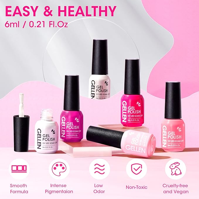 GELLEN Hot Pink Gel Nail Polish, Bright Pink Gel Polish Summer 6 Colors Set, No Wipe Soak Off Glossy UV Light Gel for Acrylic Natural Nails Manicure DIY Home Salon Valentines