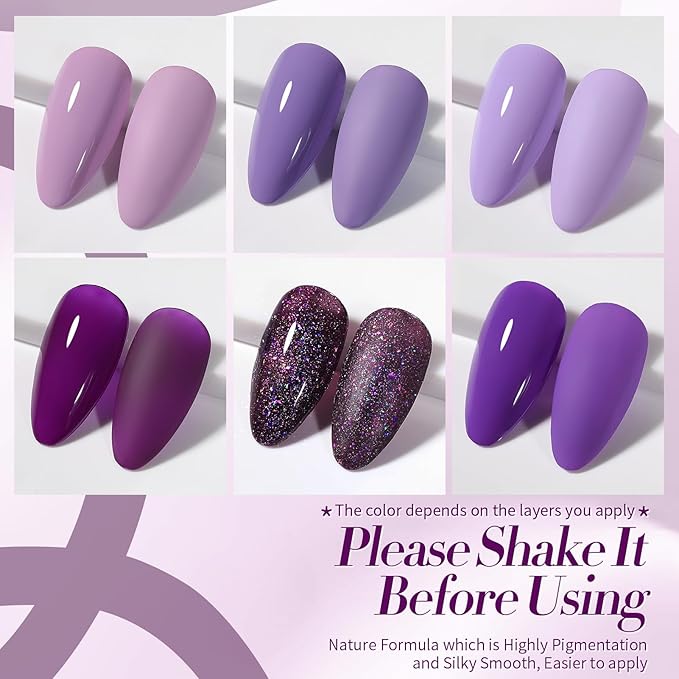 BORN PRETTY Purple Gel Nail Polish Set 6 Colors Lavender Purple Dark Purple Gliiter Nail Gel Kit Soak Off Nail Art Manicure Design Home Salon Holiday Gift