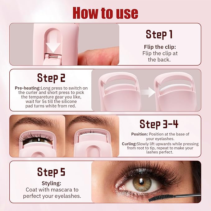 Upgrade Heated Eyelash Curler, Electric Eyelash Curler with 5s Fast Heating, Type-C Rechargeable, LMini Lash Curler, Long-Lasting Lash Lift, Natural Style, Heat-Sensitive Pad (Pink)
