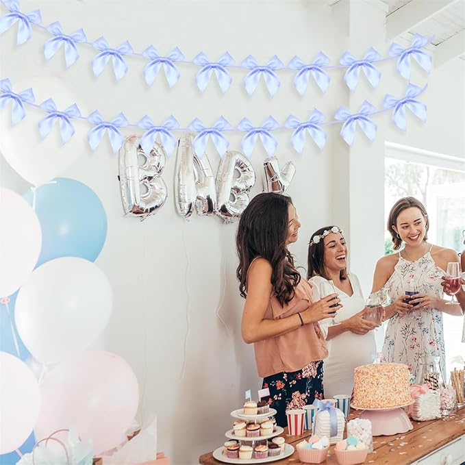 2pcs Bow Garland Banner, Ribbon Bow Party Decorations for Baby Shower Girls Bow Coquette Birthday Party Decor (Blue)