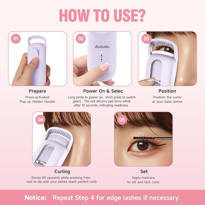 DUDUDU Heated Eyelash Curler, Portable Travel-Size Mini Electric Heated Lash Curler - 2-Level Adjustable Temp & Type-C Recharge, 10S Heat 3S Style 24H Lift for Long-Lasting Natural Effortless Curves