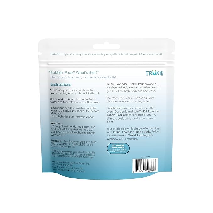 TruKid Bubble Podz Bubble Bath for Kids, Toddlers, & Babies, Tear Free Gentle & Refreshing Bath Bomb for Sensitive Skin with Natural Moisturizers, Non-Toxic, pH Balanced, Lavender Scent (10 Podz)