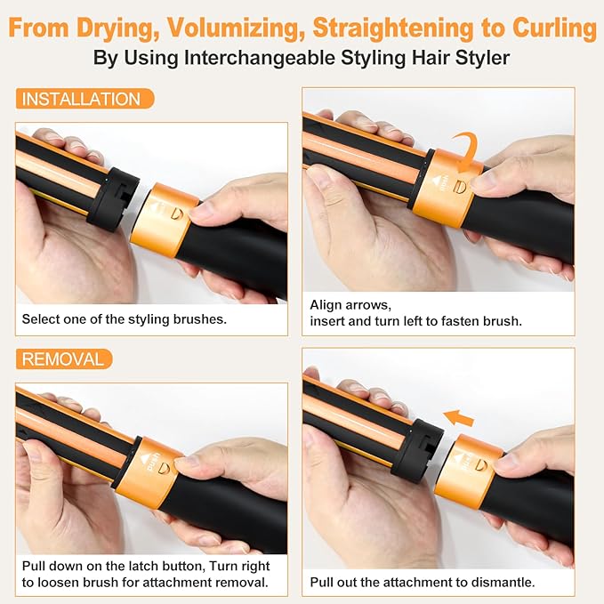 Air Styler Hair Dryer Brush - 110,000 RPM Flexible Hair Styler for Fast Drying/Rotating Curling/Volumizing/Straightening, Auto Wrap Curlers, High-Speed Oval Blow Brush Hair Dryer (Black-Orange)