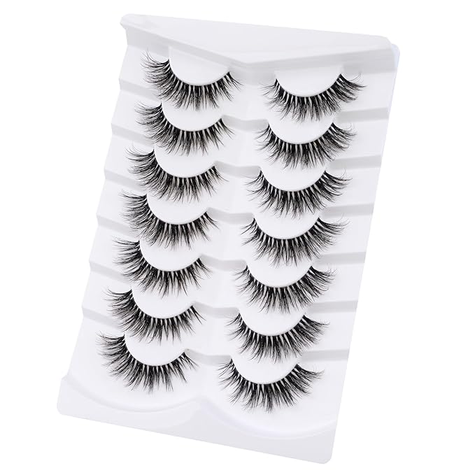 3D Clear Band Lashes 14mm Natural Soft Faux Mink Lashes C/D Curl Cat Eye Wispy Fake Eyelashes Short Cross Reusable False EyeLashes 7 Pairs (No.219)