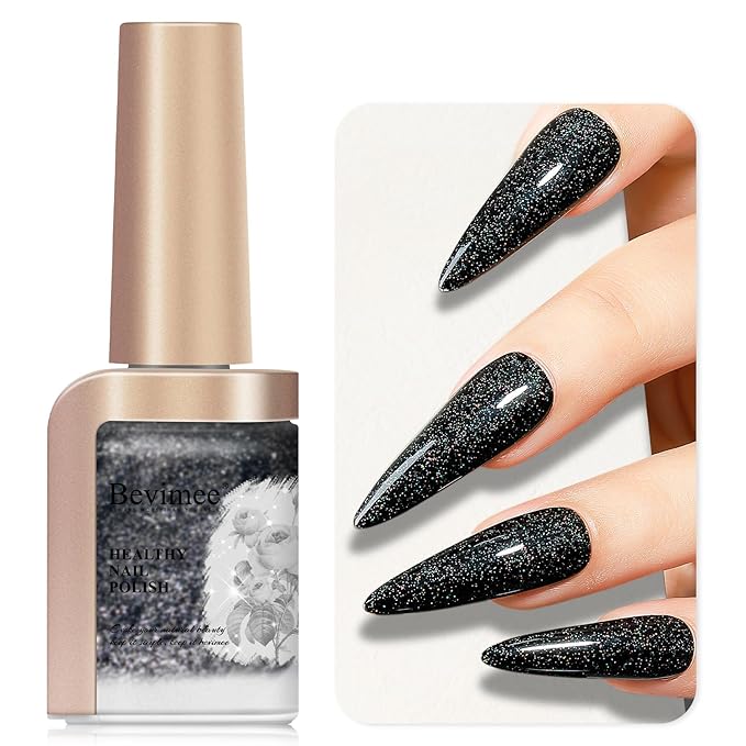 Nail Polish Quick Dry, Black Glitter Nail Lacquer Air Fast Drying, Sparkle Mooncat Nail Pigment Oil-based High Coverage Holographic Fingernail Concealer Polish, 1PC 12ML Long Wear