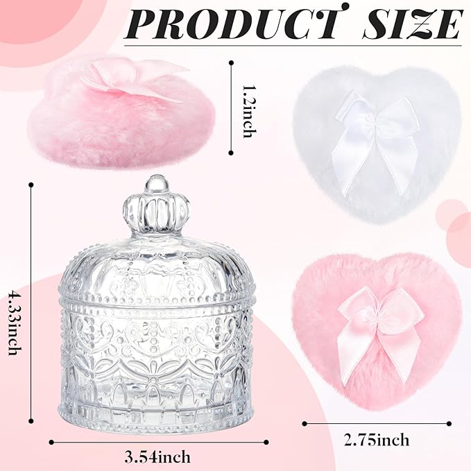 Tioncy 3 Pcs Large Body Powder Puff and Container Powder Container with Puff Crystal Case Soft Washable Reusable Velour Face Body Glitter Wet Dry Makeup(Crown,Clear)