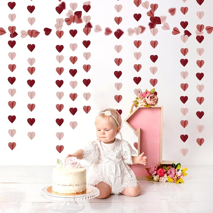 Rose-Gold Pink Burgundy-Red 3D-Heart Garland - 39Ft Party Decorations Hanging Paper Streamers Banner,Engagement Wedding Bachelorette Baby Bridal Shower Decor Ouruola