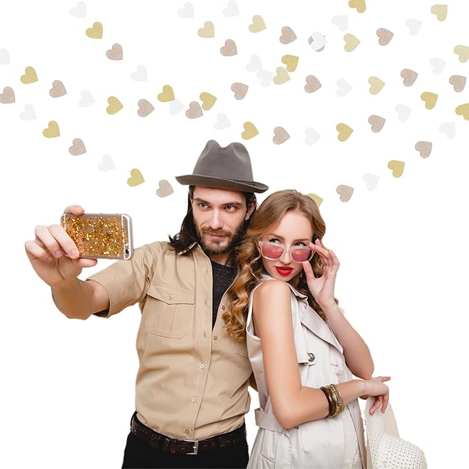 White-Gold Champagne Bachelorette Party Decorations - 52Ft Birthday Heart Hanging Paper Streamers-Garland Banner,Engagement Wedding Neutral Baby Bridal Shower Supplies Decor Ouruola