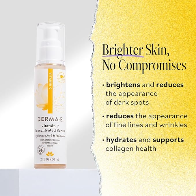 DERMA E Vitamin C Concentrated Serum, 2 Oz, with Hyaluronic Acid, Vitamin E & Aloe, All Natural, Antioxidant-Rich Concentrated Formula, Hydrating & Brightening Vitamin C Face Serum