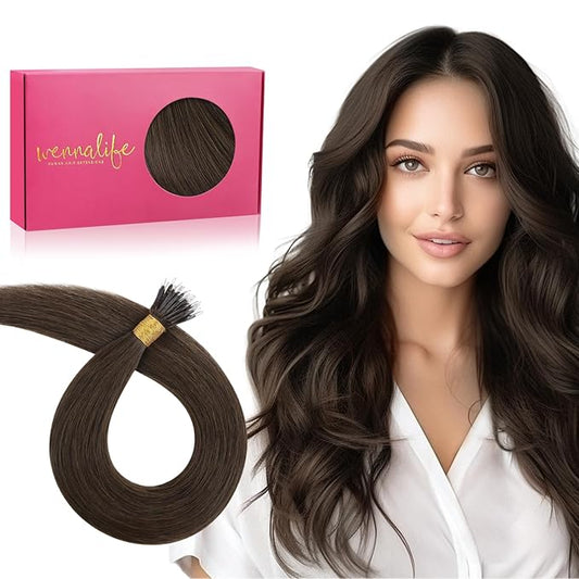 WENNALIFE Nano Bead Hair Extensions, 50g 100s 16 Inch Chocolate Brown Real Human Hair for Women Invisible Nano Ring Remy Hair Extensiones De Cabello Humano Fusion Installation