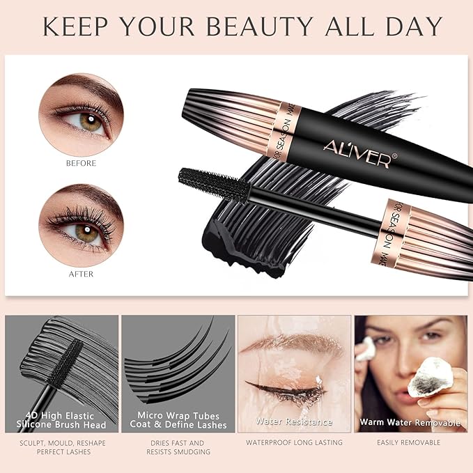 2 Pack 4D Silk Fiber Lash Mascara, Waterproof Very Black Long Lasting Mascara, Lengthening Lifting Multiplying Curling Natural Eyelash Primer Brush, Thickening Softer Lasting All Day, 2 Tube