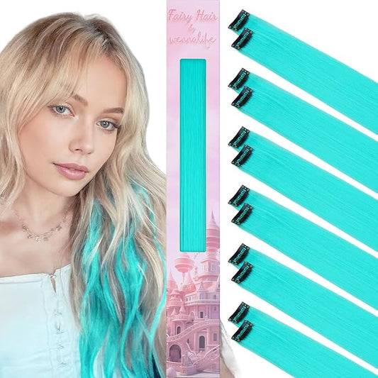 WENNALIFE 12 PCS Teal Hair Extensions Clip in, Colored Clip in Hair Extensions for Kids Highlights Rainbow Hair Clips for Girls Synthetic Straight Pop-up Style Colorful Festival Girls Hair Accessories
