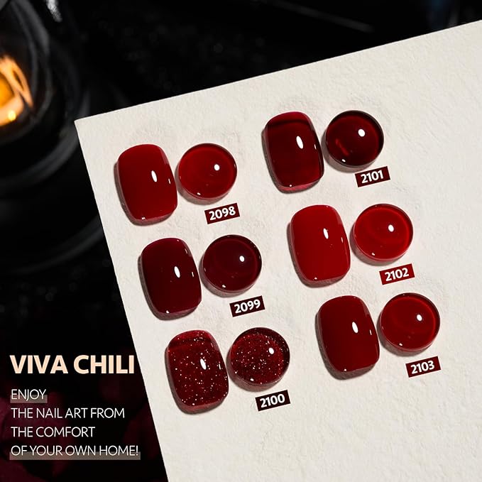 GAOY Viva Chili Gel Nail Polish Set, 6 Colors Including Burgundy Red Glitter Red Jelly Gel Polish Kit for Salon Manicure and Nail Art DIY at Home