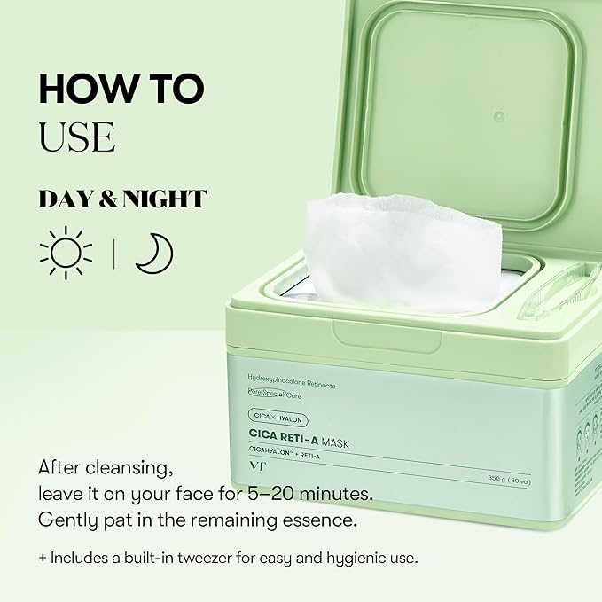 VT COSMETICS CICA Reti-A Daily Mask 30 Sheets, Retinol Complex for Pore Minimizing, Skin Softening & Hydrating Facial Mask, Ideal for Retinol Beginners, Korean Face Mask