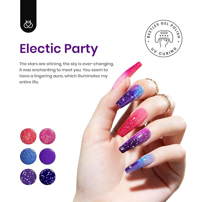 Beetles Color Changing Gel Nail Polish Kit, 6 Colors Pink Red Glitter Blue Purple Mood Temperature Change Nail Polish Gel Set Soak Off Nail Art Gel DIY Salon Manicure Gift