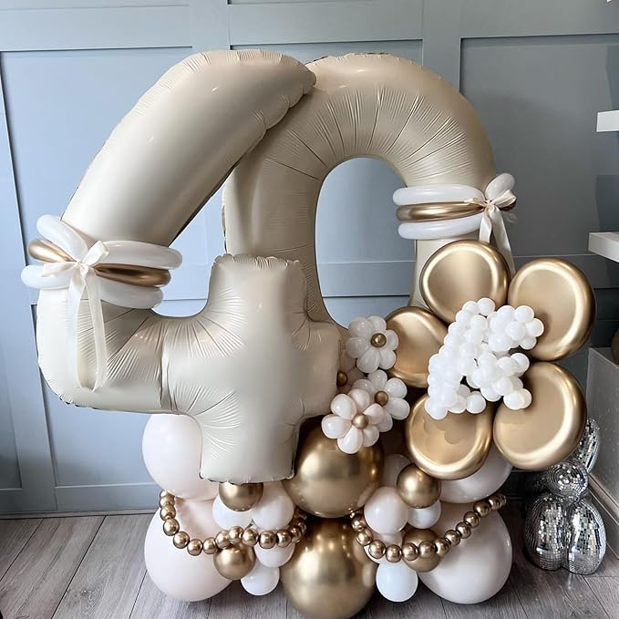 40 Inch 4 Balloons, Large Beige Number 4 Balloon for 4th Birthday Foil Number Balloons Set 0-9, Self Inflating White Sand Digital 4 Helium Balloon for Girls Birthday Women Anniversary Party Decoration