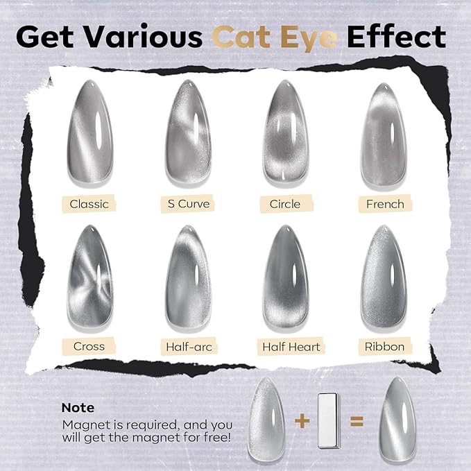 modelones Nail Polish Set, 6 Colors White Black Nail Polish with Magnet Glitter Cat Eye Magnetic Non Toxic Quick Dry Fingernail Polish Salon Home DIY Gifts For Women Girl