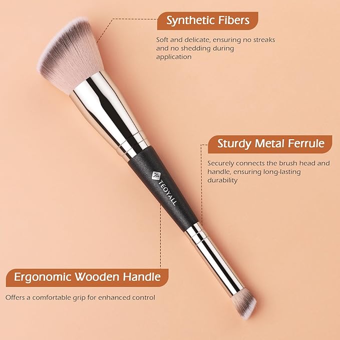 TEOYALL Dual-Ended Foundation Under Eye Concealer Brush, Flat Angled Contour Synthetic Bristles for Liquid Cream Powder