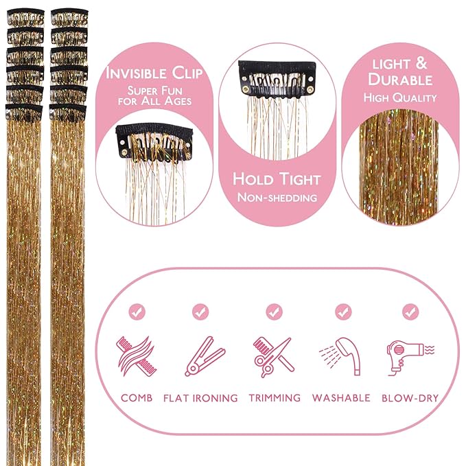 WENNALIFE Hair Tinsel kit for Girls, Clip in Hair Tinsel Champagne, 12PCS 24 Inch Hair Accessories for Women Clip in Colorful Glitter Fairy Girls for Kids