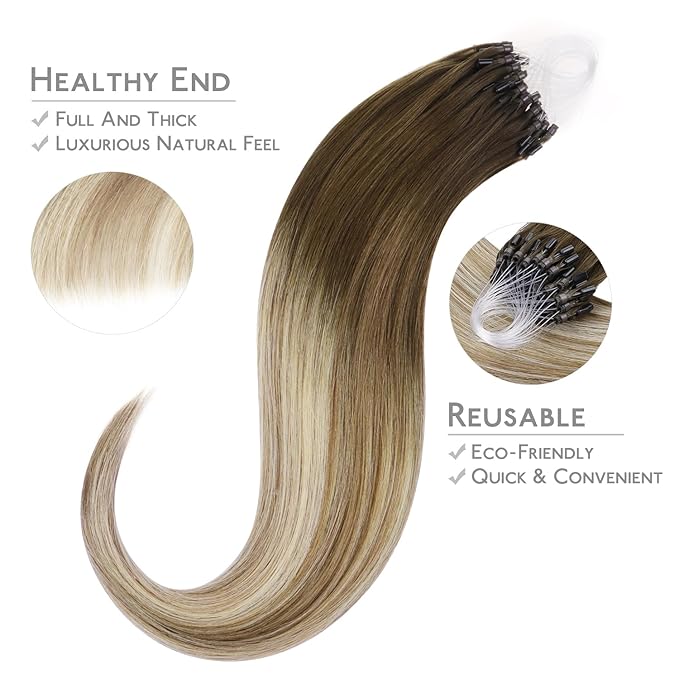 WENNALIFE Microlink Hair Extensions Human Hair, 50g 50s 24 Inch Ombre Walnut Brown to Ash Brown and Bleach Blonde Remy Micro Bead Hair Extensions Real Human Hair Micro Loop Micro Ring Hair Straight