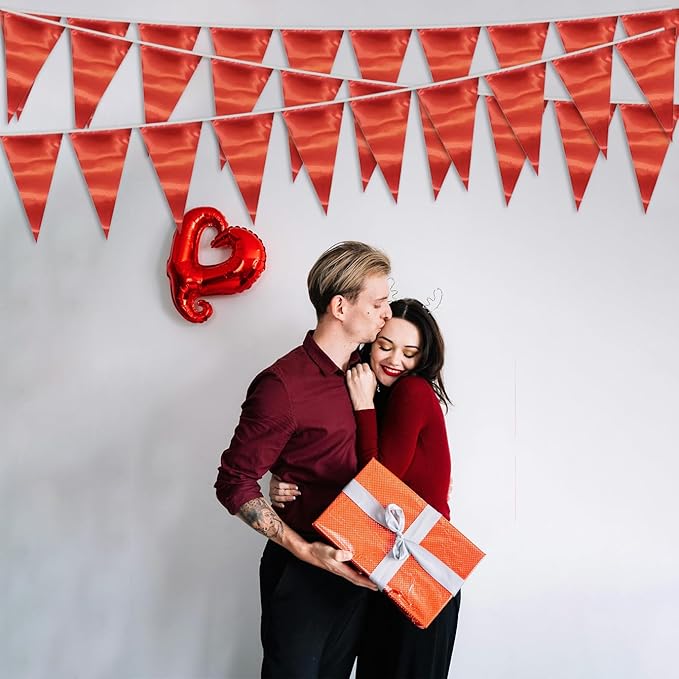 20M/65FT Red Triangle Pennant Banner Flag Metallic Fabric Bunting Garland for Christmas Graduation Wedding Engagement Anniversary Bachelorette Birthday Bridal Shower Valentines Hen Party Supplies